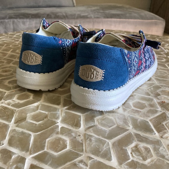 LIKE NEW! Hey Dude Wendy Ugly Sweater women’s slip-ons in ‘Navy/Red/White’ - Picture 3 of 12